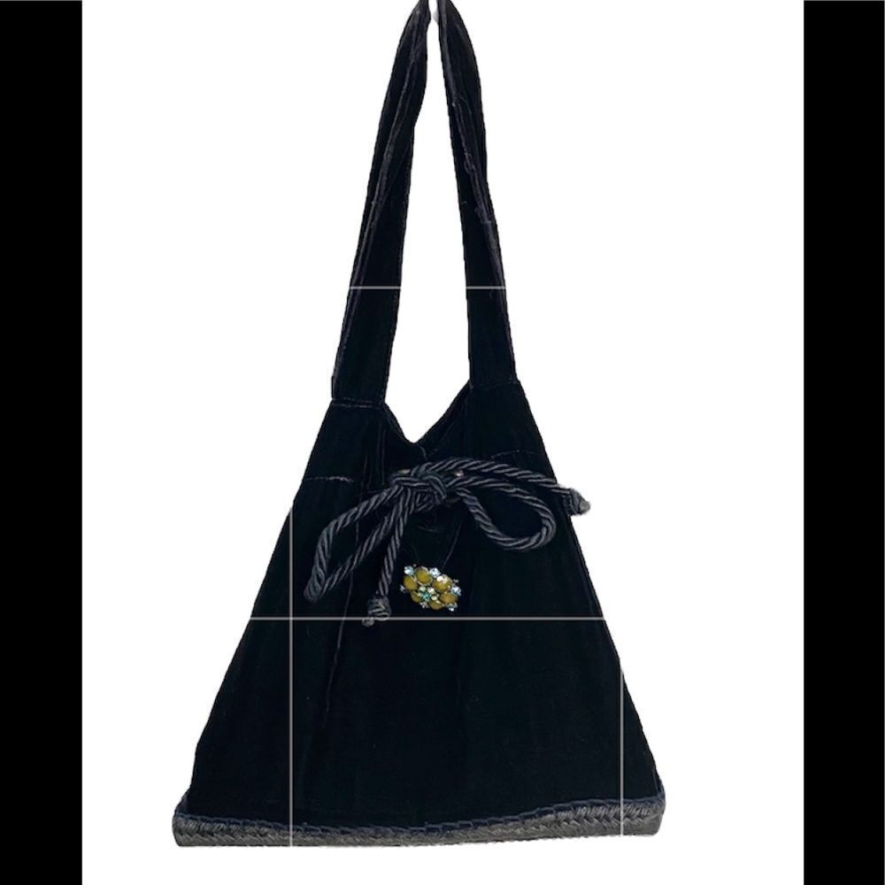DKNY Black Velour Drawstring Hobo Embellished Hobo Tote Bag